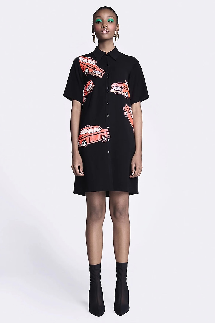 Black Double Crepe Applique Embroidered Shift Vacation Dress by Shahin Mannan at Pernia's Pop Up Shop