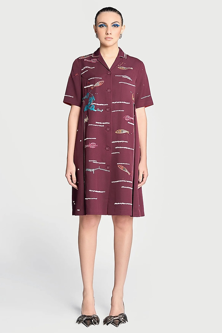 Maroon Double Crepe Embroidered Open Cocktail Dress by Shahin Mannan at Pernia's Pop Up Shop