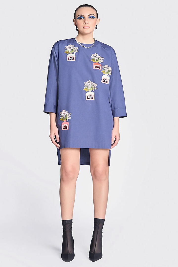 Navy Poplin Embroidered High-Low Vacation Dress by Shahin Mannan at Pernia's Pop Up Shop