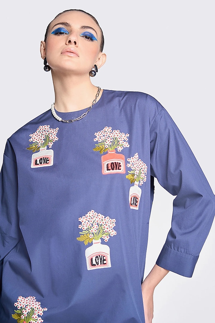 Navy Poplin Embroidered High-Low Vacation Dress by Shahin Mannan at Pernia's Pop Up Shop
