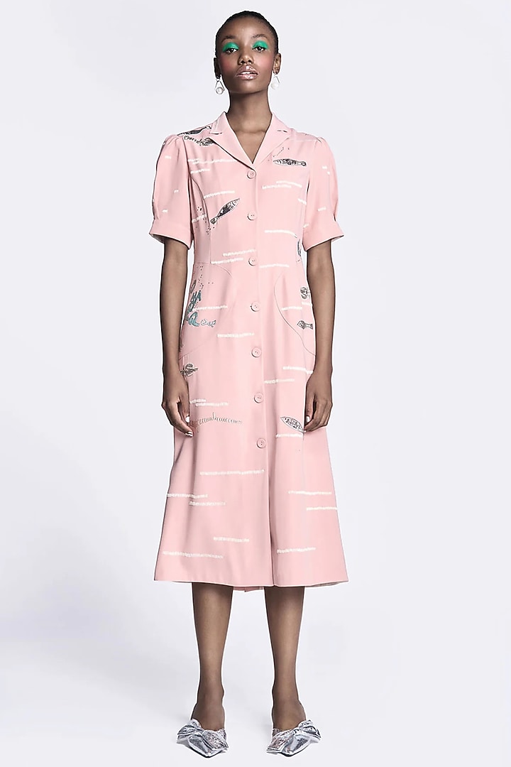 Pink Japanese Crepe Embroidered Cocktail Dress by Shahin Mannan at Pernia's Pop Up Shop