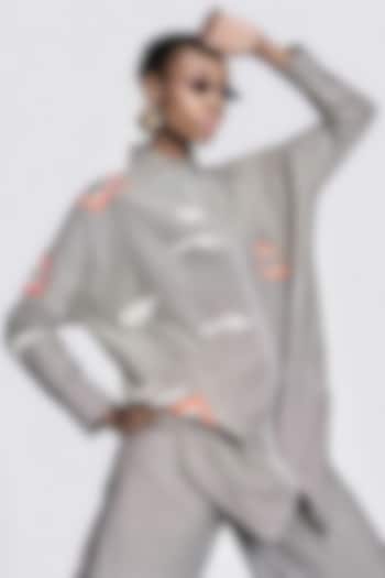 Grey Chambray Embroidered Overshirt by Shahin Mannan at Pernia's Pop Up Shop
