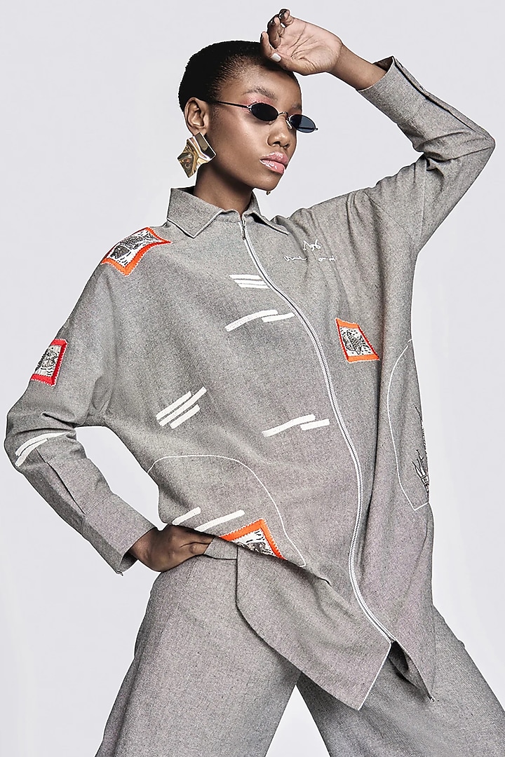 Grey Chambray Embroidered Overshirt by Shahin Mannan at Pernia's Pop Up Shop