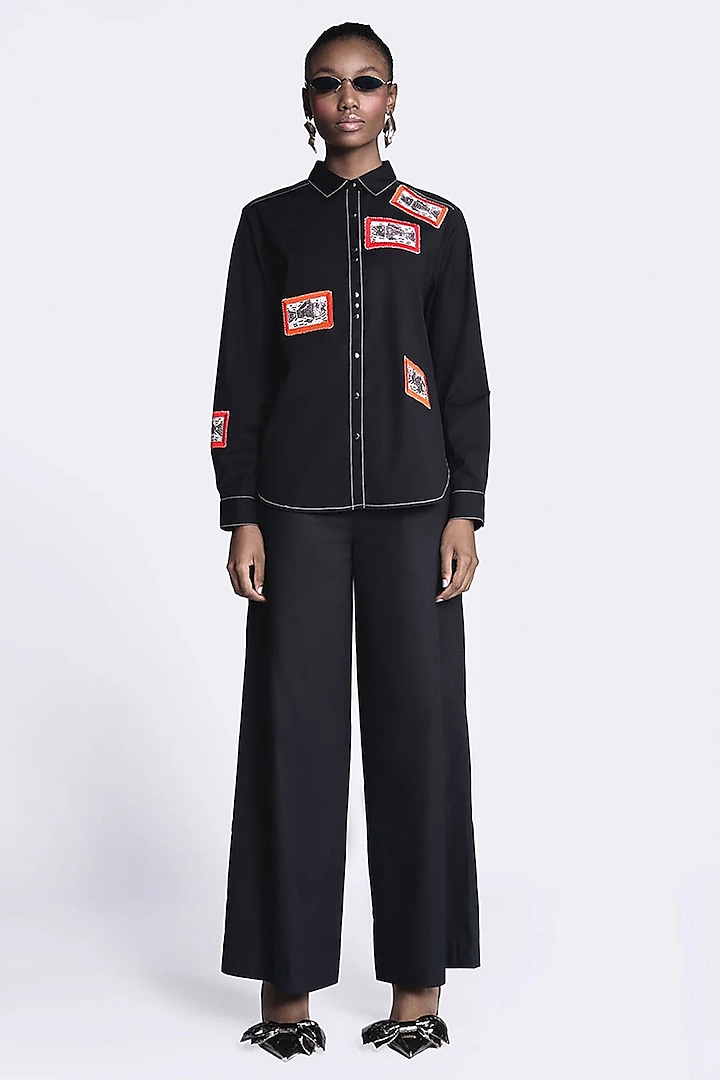 Black Poplin Embroidered Shirt by Shahin Mannan at Pernia's Pop Up Shop