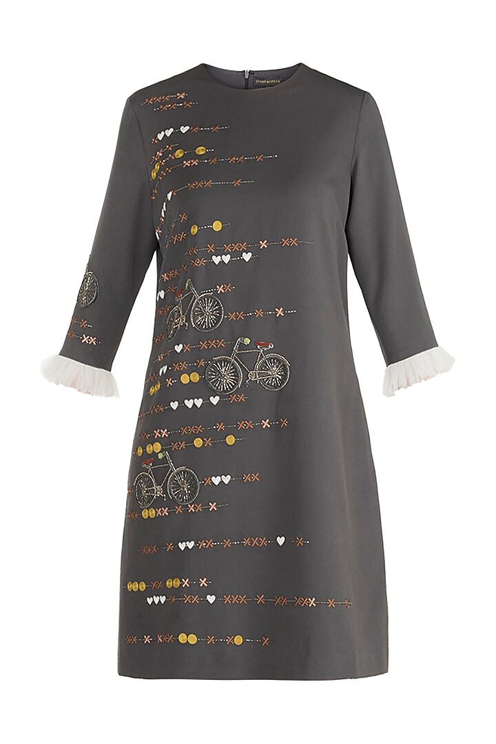 Dark Grey Embroidered Tic-Tac Bicycle Mini Dress by Shahin Mannan