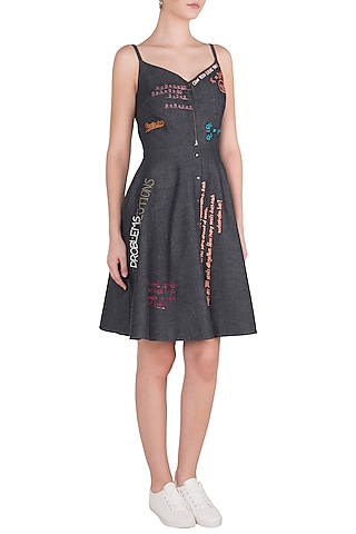 Black Embroidered Spaghetti Straps Mini Dress by Shahin Mannan