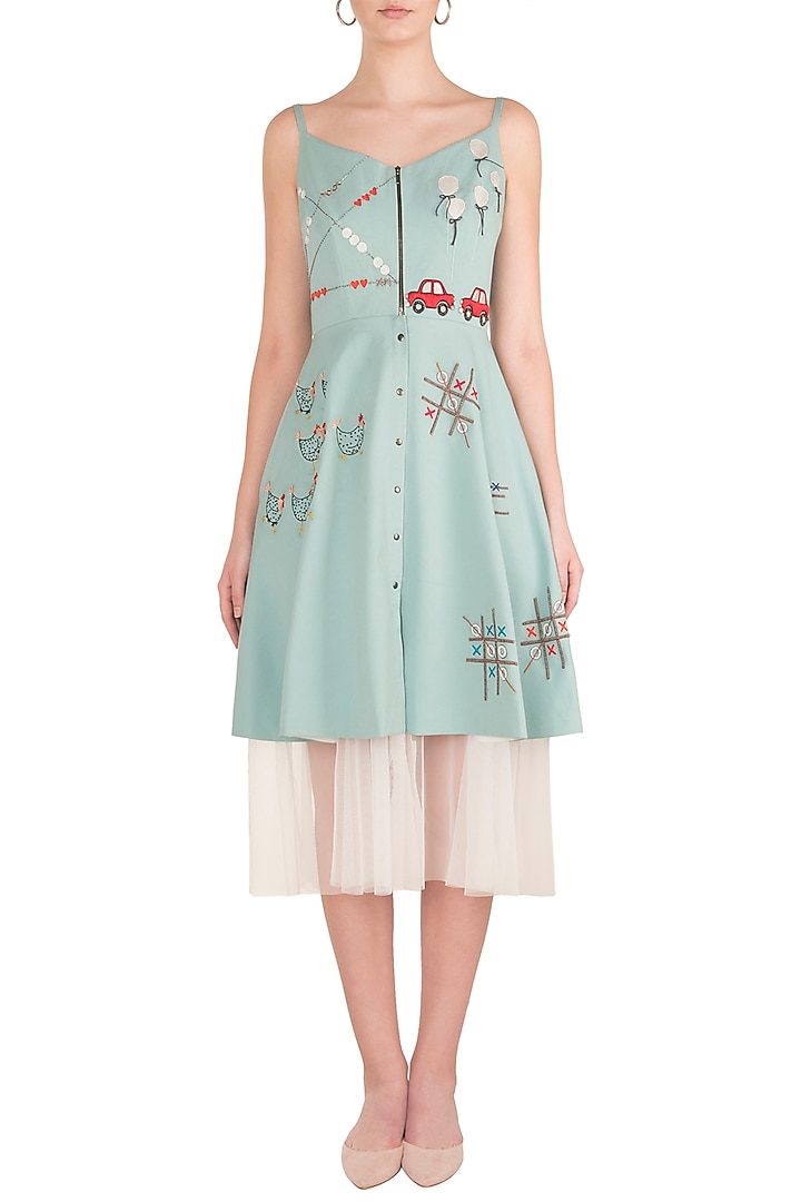 Powder Blue Embroidered Spaghetti Strap Cocktail Dress by Shahin Mannan at Pernia's Pop Up Shop