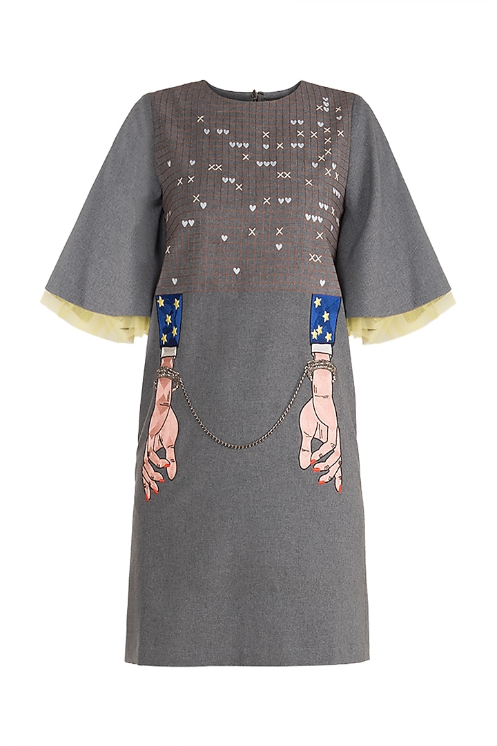 Grey Silk Thread Embroidered Mini Dress by Shahin Mannan
