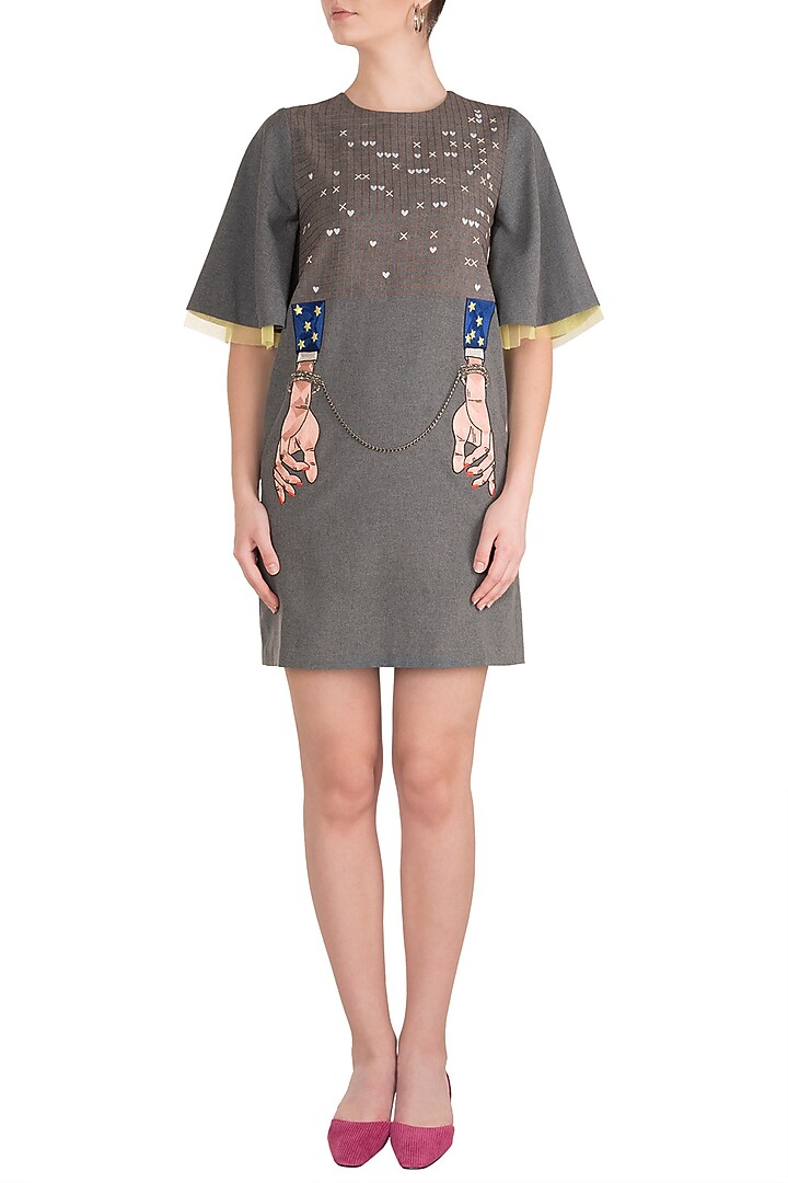 Grey Silk Thread Embroidered Mini Cocktail Dress by Shahin Mannan at Pernia's Pop Up Shop