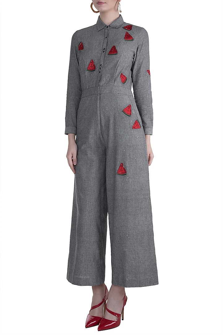 Grey Embroidered Jumpsuit by Shahin Mannan at Pernia's Pop Up Shop