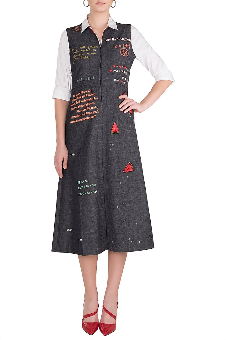 Dark Grey Embroidered Front Open Cocktail Dress by Shahin Mannan at Pernia's Pop Up Shop