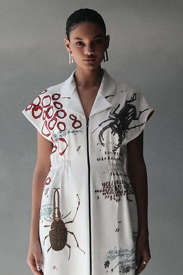 White Japanese Crepe Bug Embroidered Mini Cocktail Dress by Shahin Mannan at Pernia's Pop Up Shop