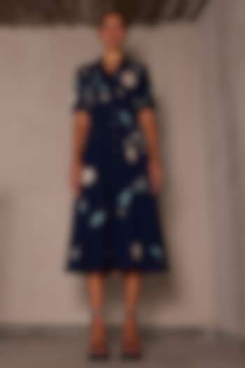 Navy Blue Japanese Crepe Cocktail Dress by Shahin Mannan at Pernia's Pop Up Shop