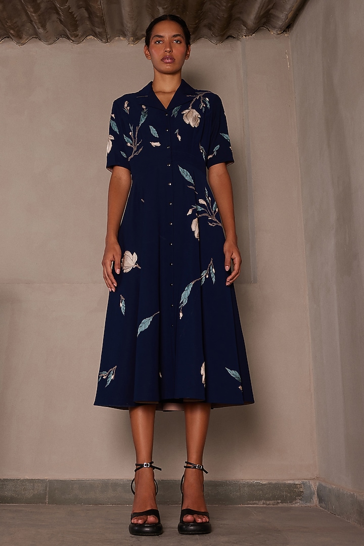 Navy Blue Japanese Crepe Cocktail Dress by Shahin Mannan at Pernia's Pop Up Shop