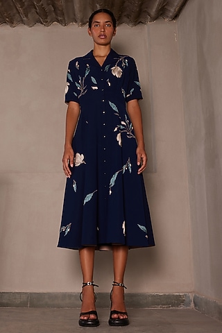 Navy Blue Japanese Crepe Dress by Shahin Mannan