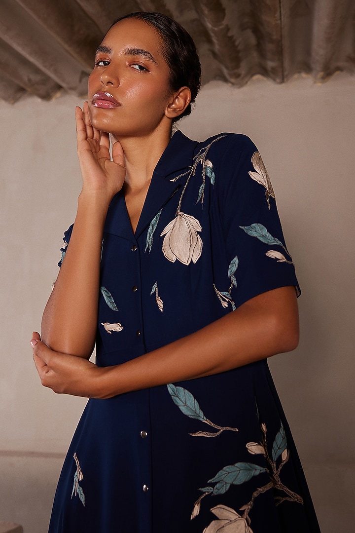 Navy Blue Japanese Crepe Cocktail Dress by Shahin Mannan at Pernia's Pop Up Shop