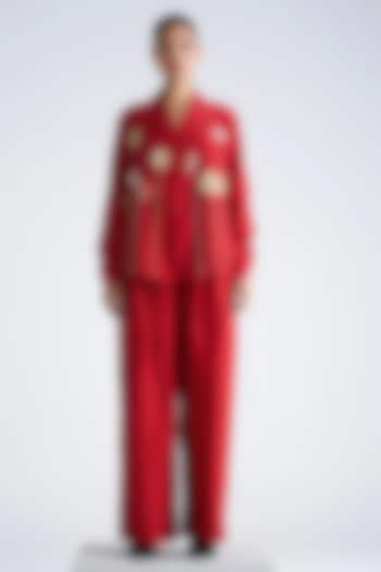 Red Silk Chanderi Hand Embroidered Co-Ord Set by Shahin Mannan at Pernia's Pop Up Shop