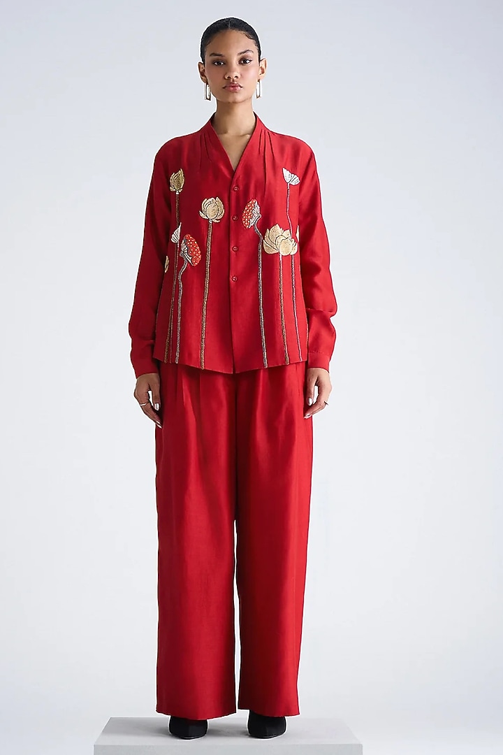 Red Silk Chanderi Hand Embroidered Co-Ord Set by Shahin Mannan at Pernia's Pop Up Shop