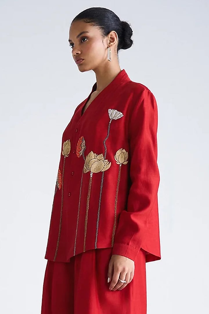 Red Silk Chanderi Hand Embroidered Co-Ord Set by Shahin Mannan at Pernia's Pop Up Shop