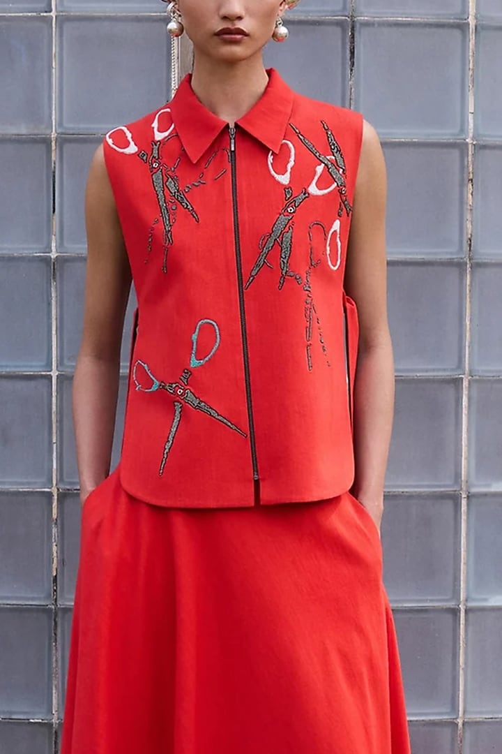 Red Silk Chanderi Hand Embroidered Co-Ord Set by Shahin Mannan at Pernia's Pop Up Shop