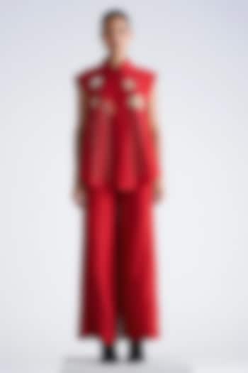 Red Silk Chanderi Hand Embroidered Co-Ord Set by Shahin Mannan at Pernia's Pop Up Shop