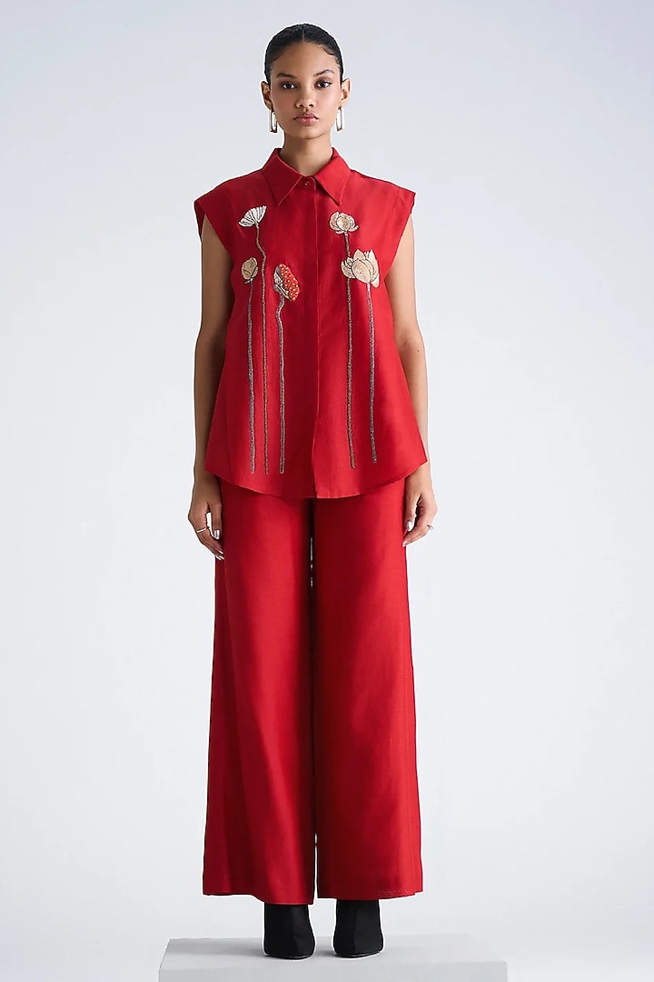 Red Silk Chanderi Hand Embroidered Co-Ord Set by Shahin Mannan at Pernia's Pop Up Shop