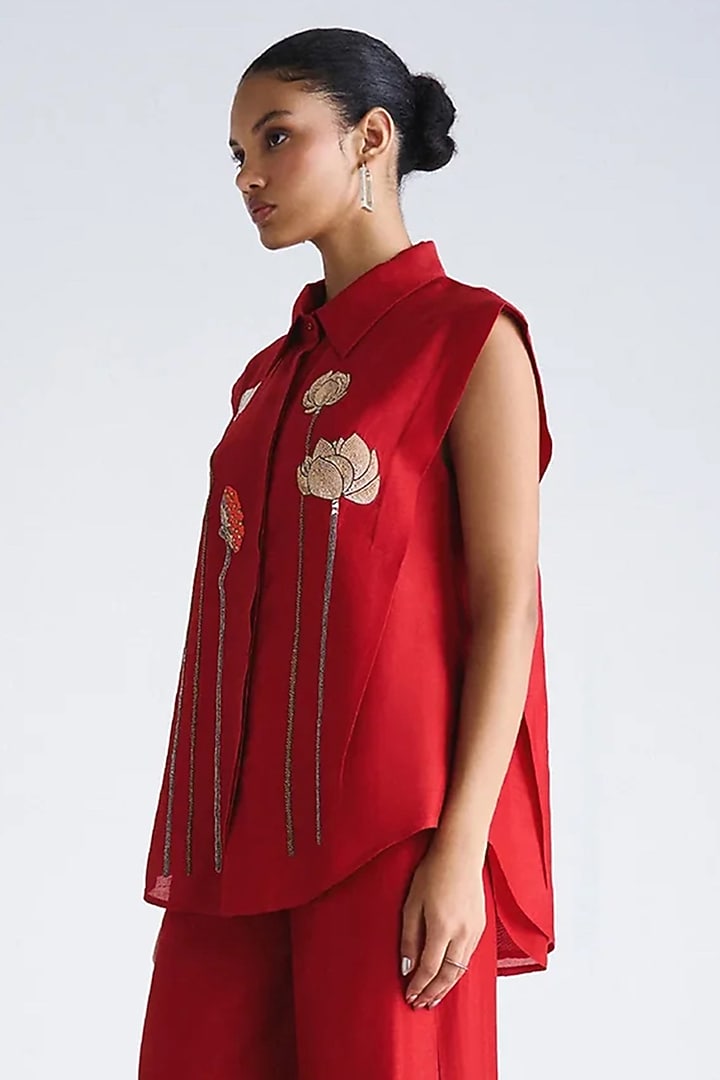 Red Silk Chanderi Hand Embroidered Co-Ord Set by Shahin Mannan at Pernia's Pop Up Shop