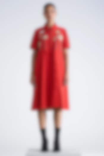 Red Silk Chanderi Lotus Embroidered Midi Vacation Dress by Shahin Mannan at Pernia's Pop Up Shop