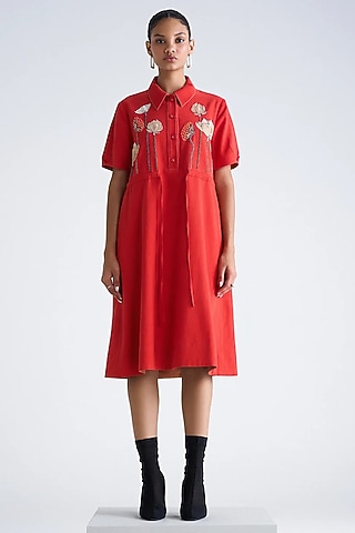Red Silk Chanderi Lotus Embroidered Midi Dress by Shahin Mannan