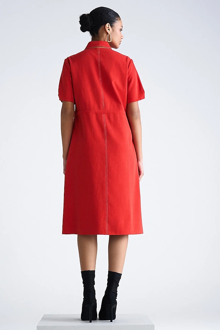 Red Silk Chanderi Lotus Embroidered Midi Vacation Dress by Shahin Mannan at Pernia's Pop Up Shop