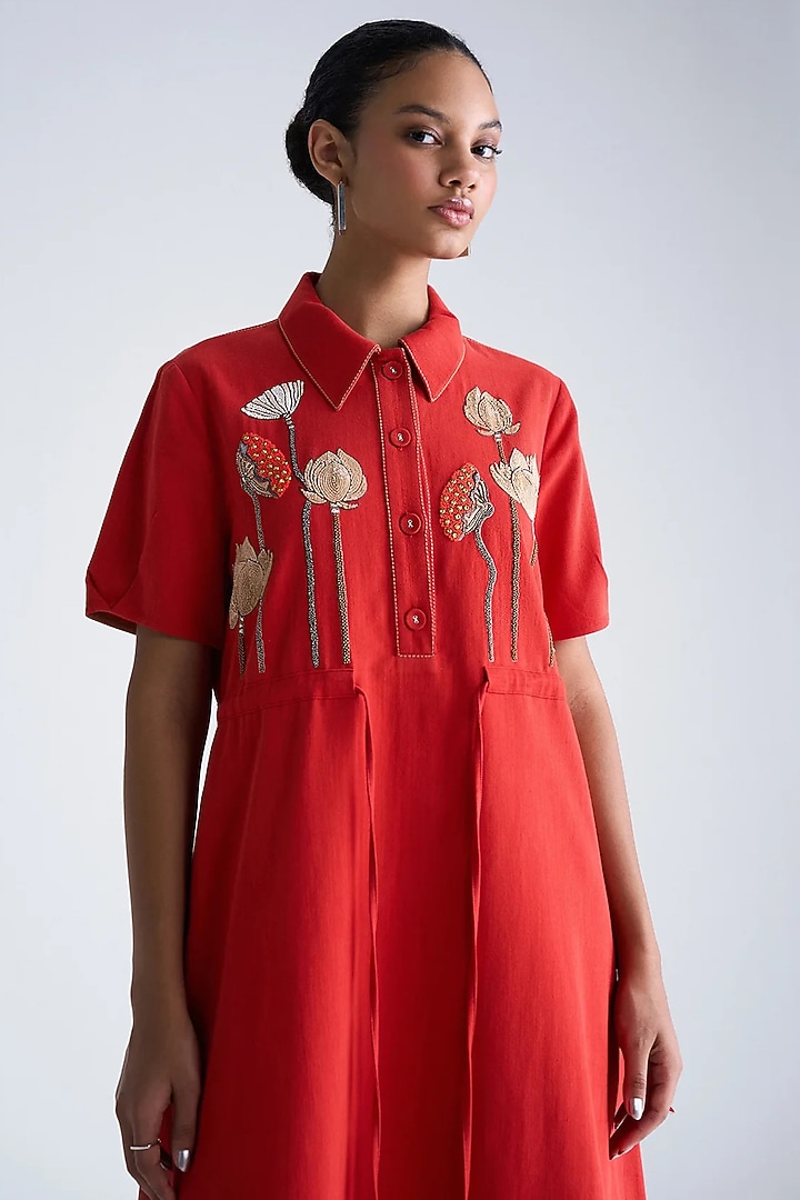 Red Silk Chanderi Lotus Embroidered Midi Vacation Dress by Shahin Mannan at Pernia's Pop Up Shop