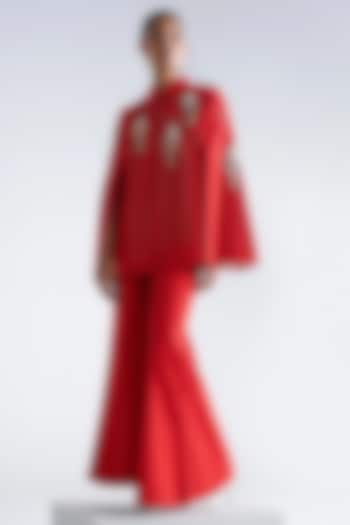 Red Dyed Denim Cape Set by Shahin Mannan at Pernia's Pop Up Shop