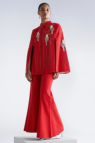 Red Dyed Denim Cape Set by Shahin Mannan