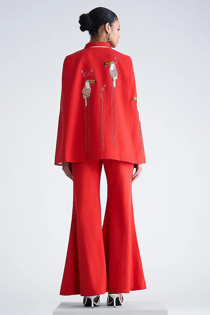 Red Dyed Denim Cape Set by Shahin Mannan at Pernia's Pop Up Shop