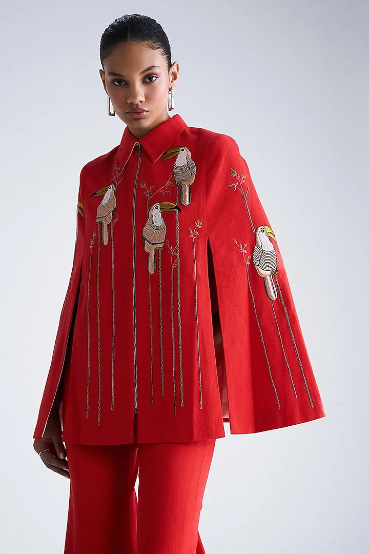 Red Dyed Denim Cape Set by Shahin Mannan at Pernia's Pop Up Shop