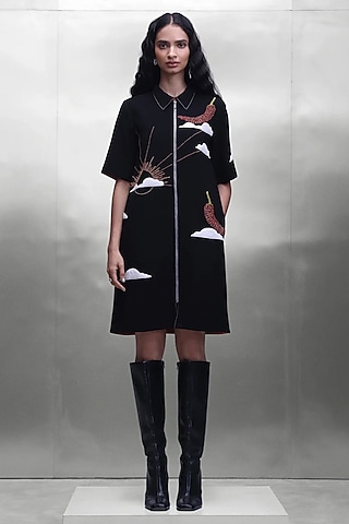 Black Japanese Crepe Embroidered Shirt Dress by Shahin Mannan