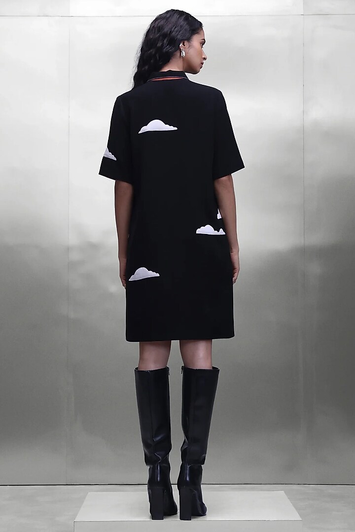 Black Japanese Crepe Embroidered Shirt Vacation Dress by Shahin Mannan at Pernia's Pop Up Shop