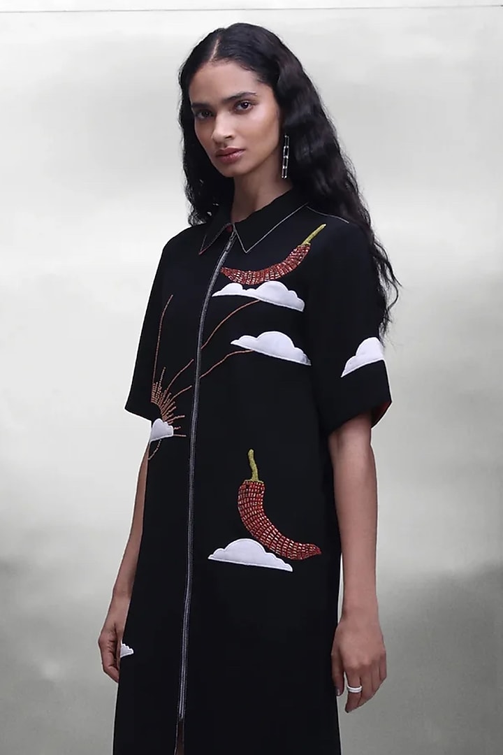 Black Japanese Crepe Embroidered Shirt Vacation Dress by Shahin Mannan at Pernia's Pop Up Shop