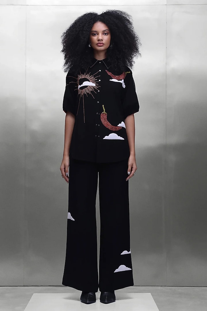 Black Japanese Crepe Embroidered Co-Ord Set by Shahin Mannan at Pernia's Pop Up Shop