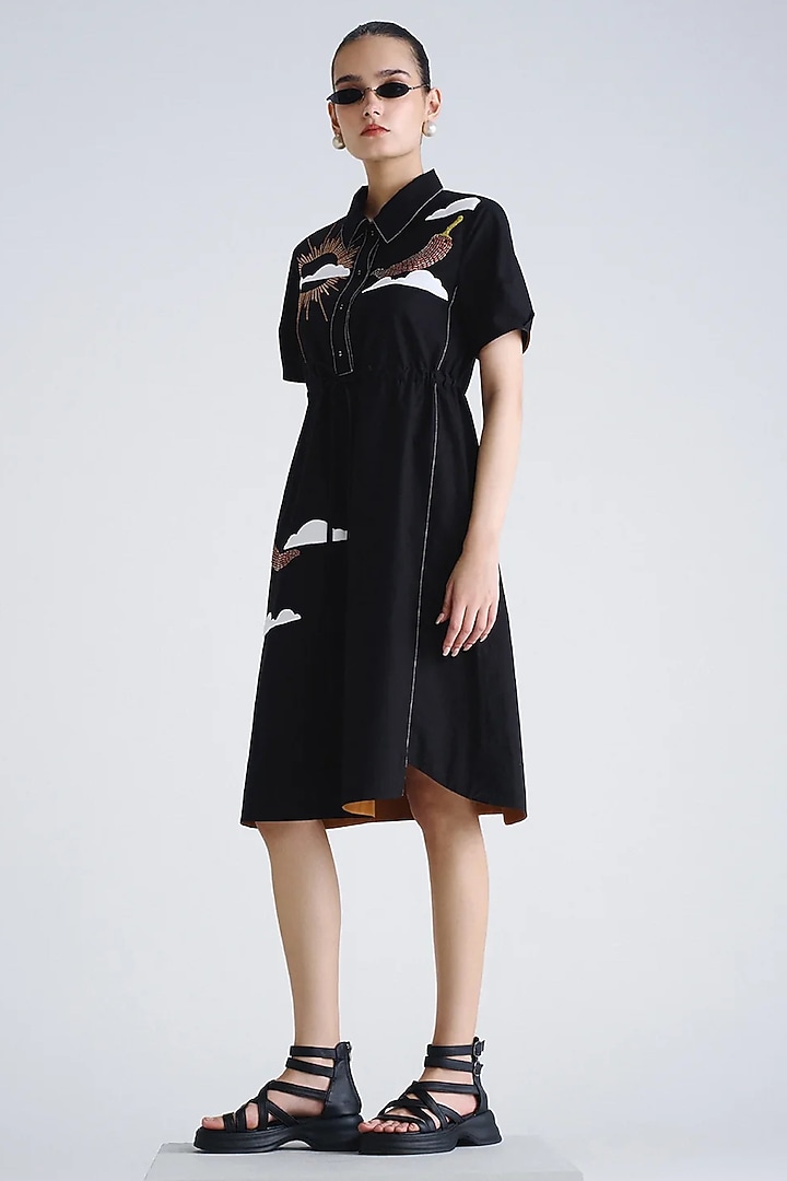 Black Poplin Embroidered Midi Vacation Dress by Shahin Mannan at Pernia's Pop Up Shop