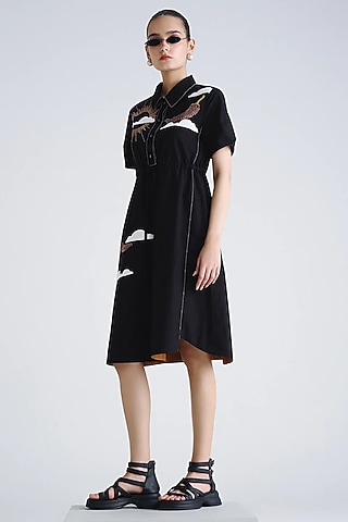 Black Poplin Embroidered Midi Dress by Shahin Mannan