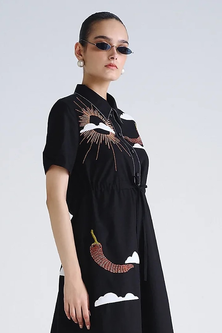 Black Poplin Embroidered Midi Vacation Dress by Shahin Mannan at Pernia's Pop Up Shop