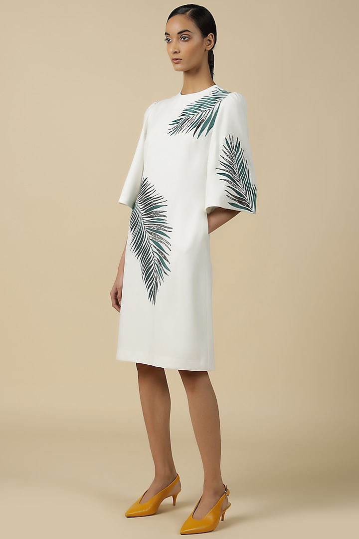 White Satin Crepe Embroidered Dress by Shahin Mannan
