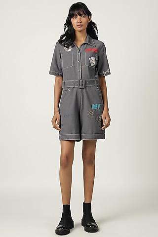 Grey Melange Embroidered Playsuit by Shahin Mannan