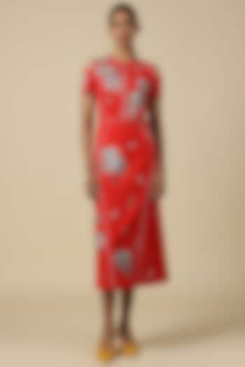 Red Double Crepe Embroidered Cocktail Dress by Shahin Mannan at Pernia's Pop Up Shop