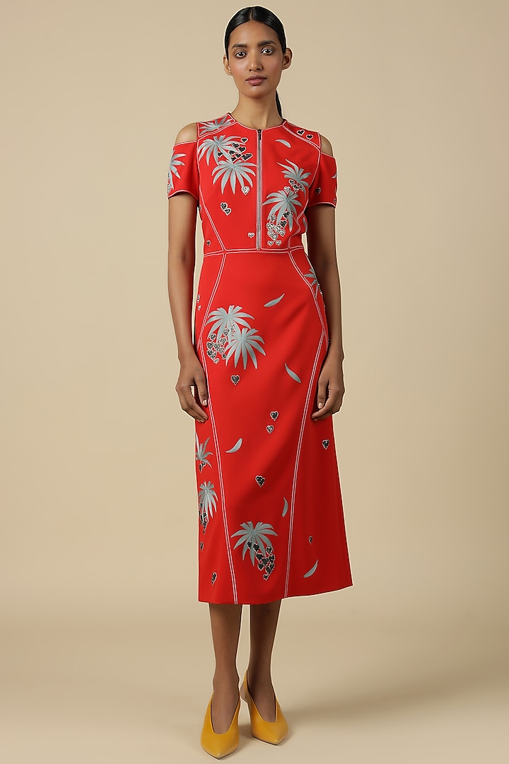Red Double Crepe Embroidered Cocktail Dress by Shahin Mannan at Pernia's Pop Up Shop