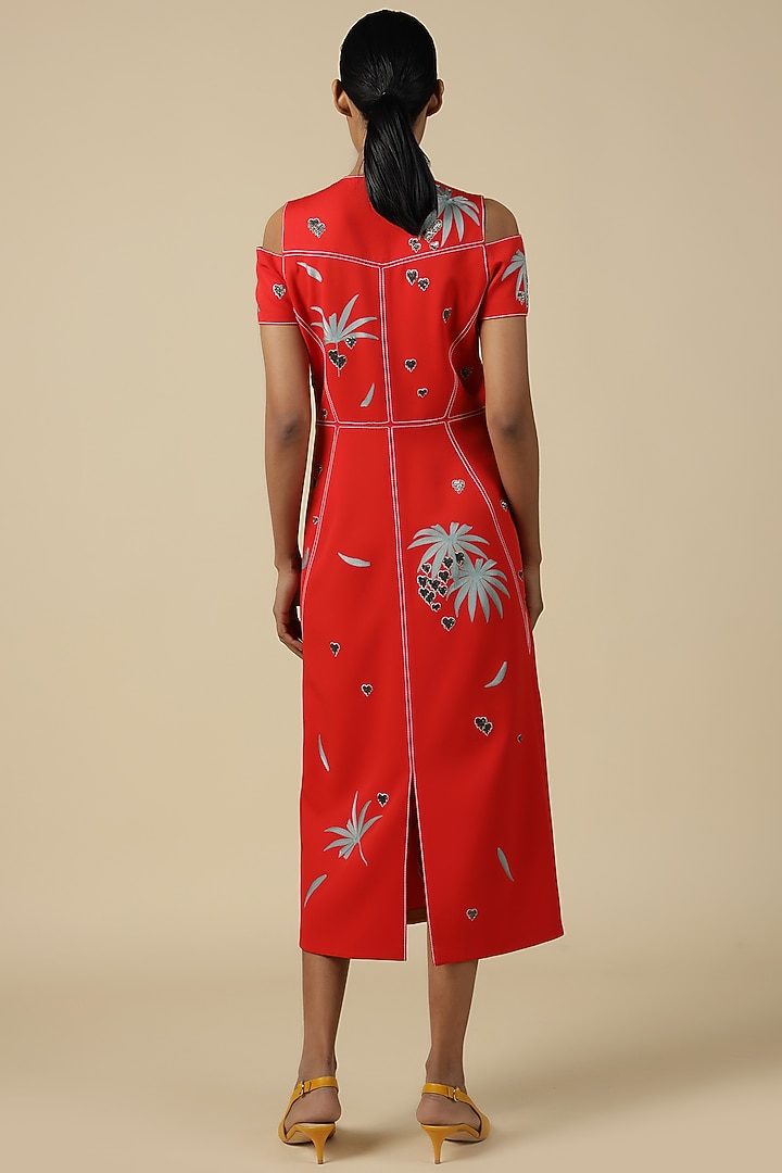 Red Double Crepe Embroidered Cocktail Dress by Shahin Mannan at Pernia's Pop Up Shop