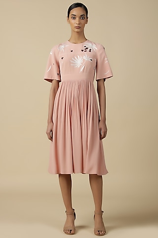 Peach Viscose Crepe Gathered Dress by Shahin Mannan