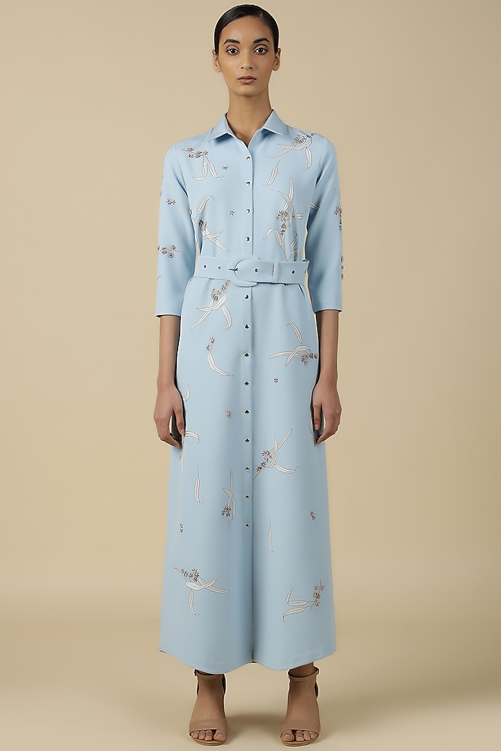 Light Blue Double Crepe Embroidered Cocktail Shirt Dress by Shahin Mannan at Pernia's Pop Up Shop