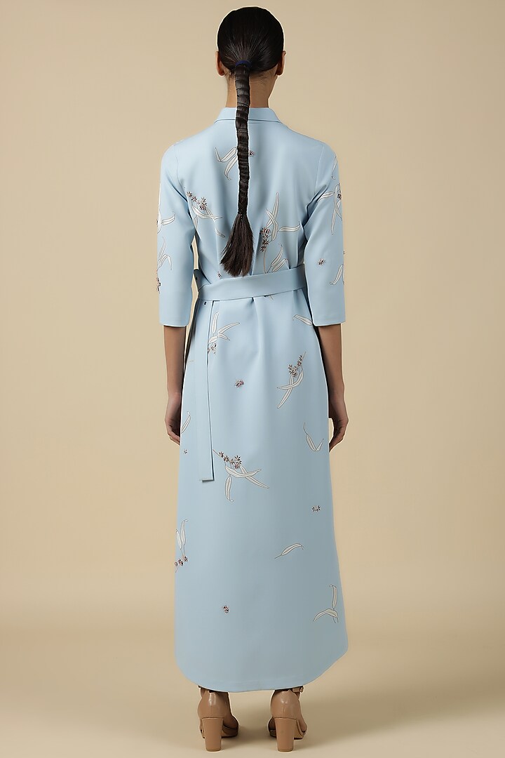 Light Blue Double Crepe Embroidered Cocktail Shirt Dress by Shahin Mannan at Pernia's Pop Up Shop